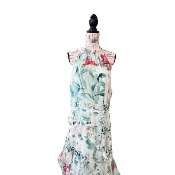 White House Black Market‎ Dress Sz 18 Green Tropical Floral Ruffled Halter Neck - Picture 2 of 16
